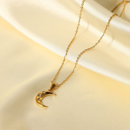 18K Gold Star Adorned Crescent Moon Pendant Necklace