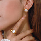 18K Gold Classy Square Pearl Cuff Ring