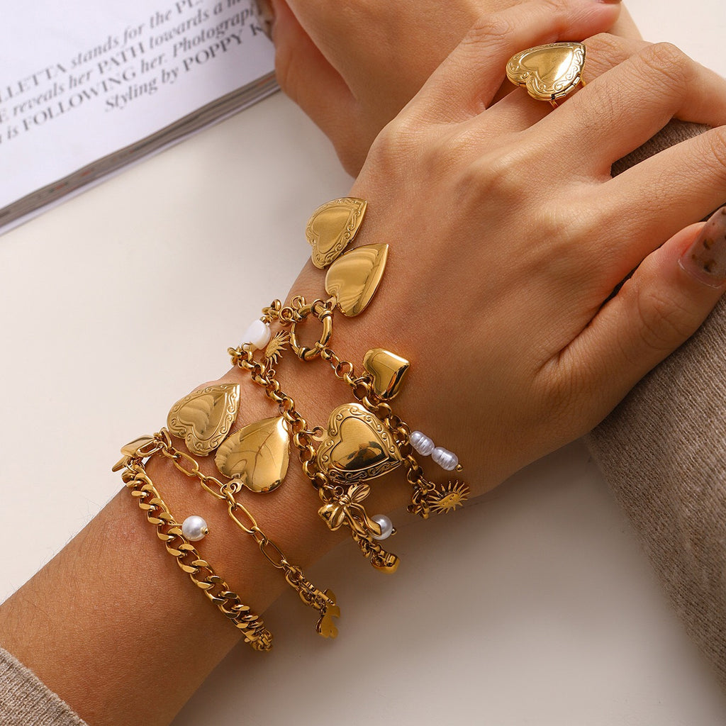18K Gold Heart Locket Chunky Charm Bracelet