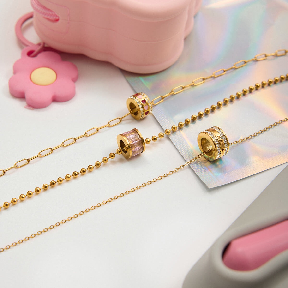 18K Gold Pink Heart Mama Bling Ring Dainty Pendant Necklace