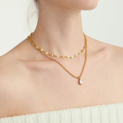 18K Gold Minimal Glow CZ Pendant Paperclip Beaded Chain Layered Necklace Set