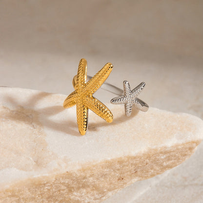 18K Gold and Silver Two Tone Coastal Glow Seashell Starfish Cuff Ring
