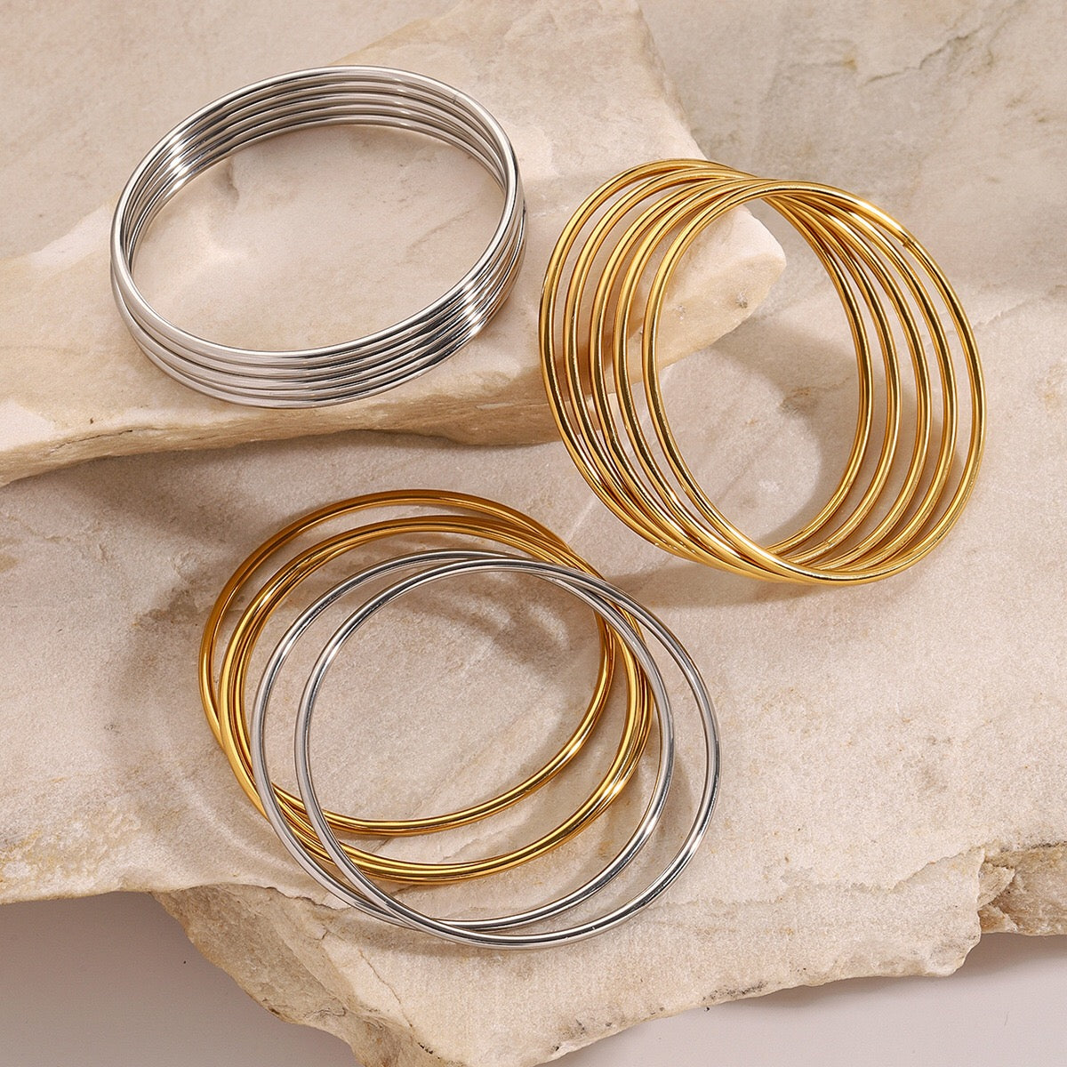 18K Gold and SIlver Two Tone Minimalist Slim Bangle Bracelet Stack