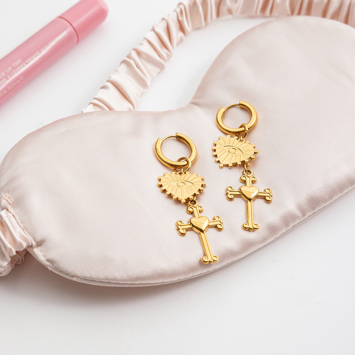18K Gold Tempt Heart Cross Dangle Huggie Earrings with Charm