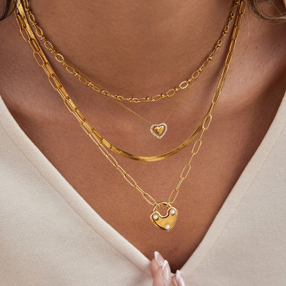 18K Gold Heart Keeper Pendant Paperclip Herringbone Snake Chain Layered Necklace Set
