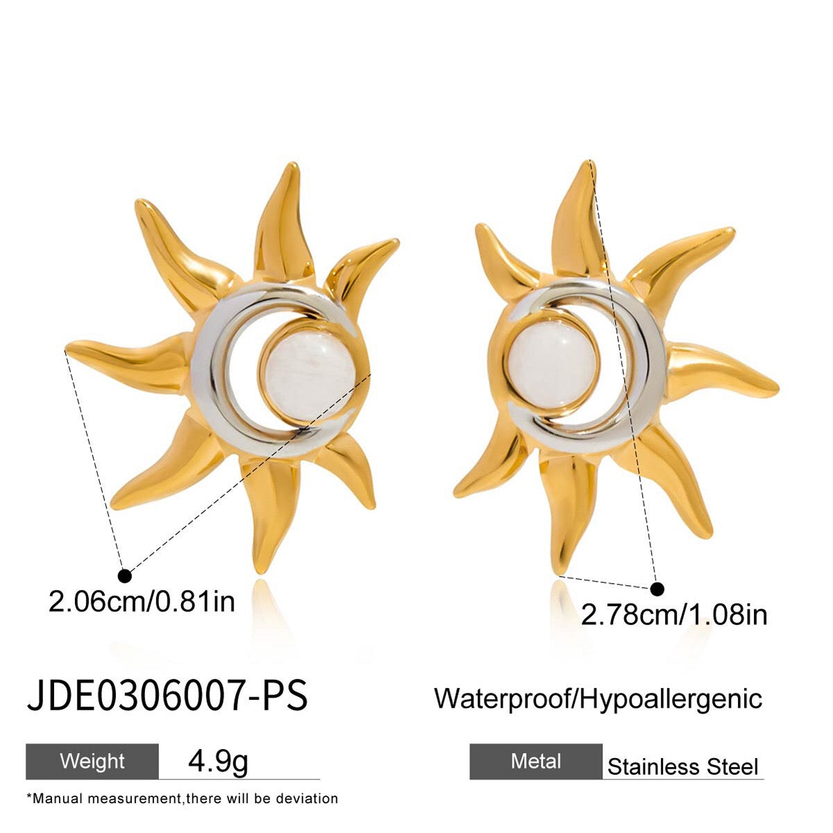 18K Gold and Silver Two Tone Eclipse Opal Sun and Moon Stud Earrings