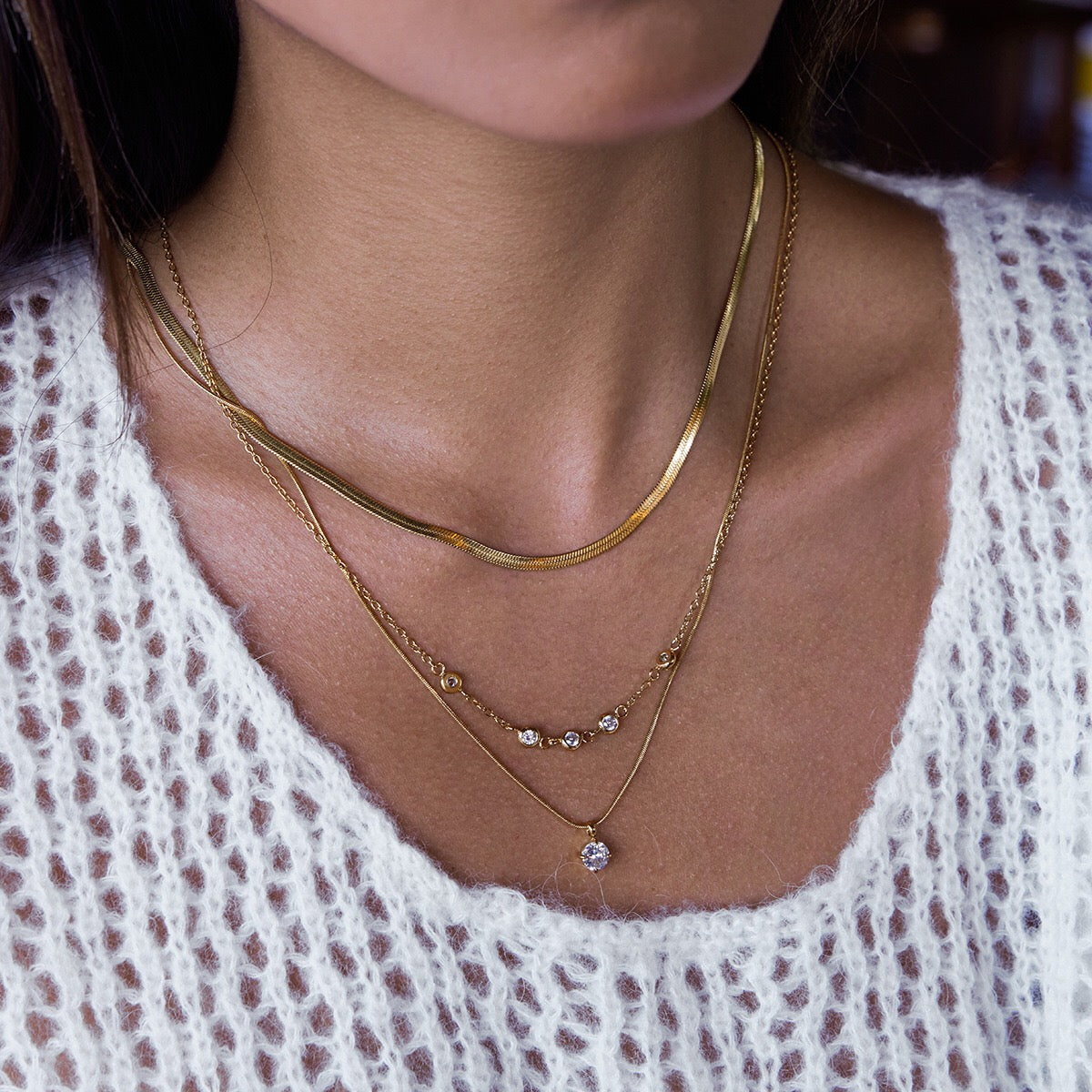 18K Gold Starry Jewel Herringbone Snake Chain Layered Necklace Set