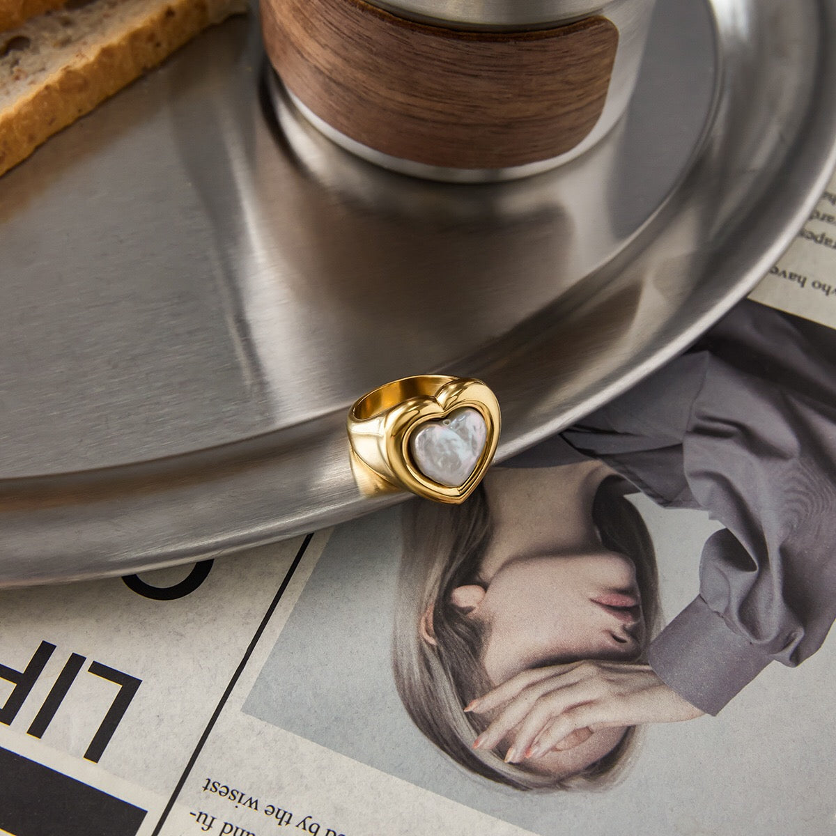 18K Gold Pearl Heart Statement Ring