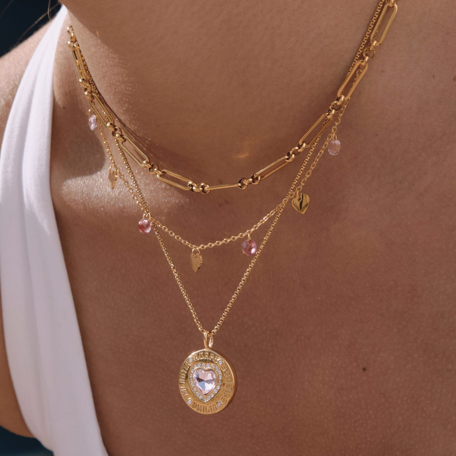 18K Gold Heart in Hand Pink Heart Hamsa Best Friend Coin Pendant Necklace