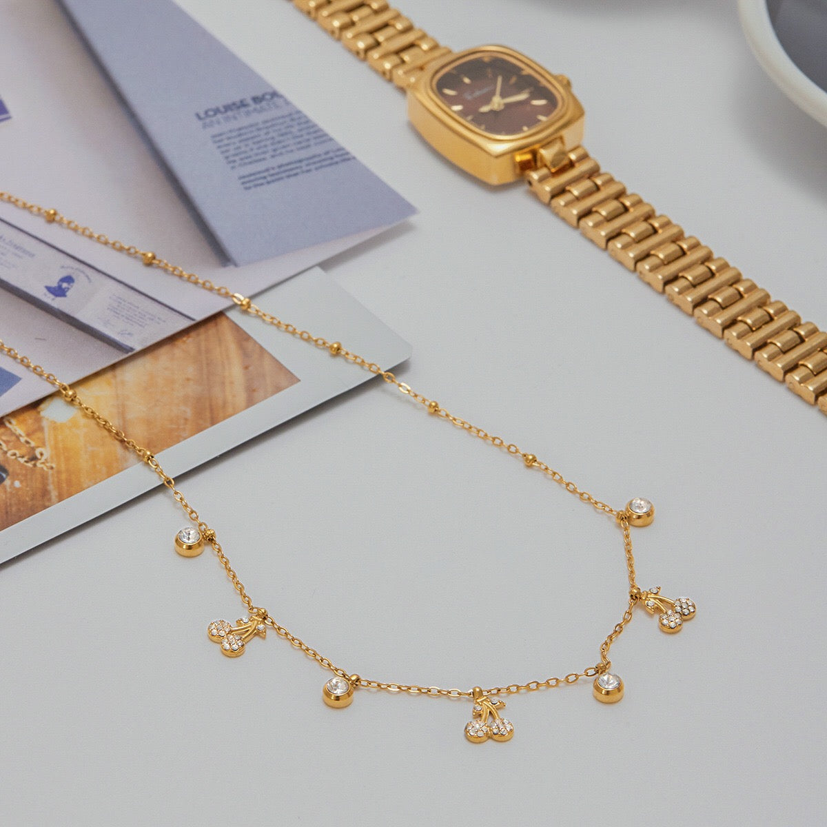 18K Gold Cherry Sprinkled Bling Dainty Necklace