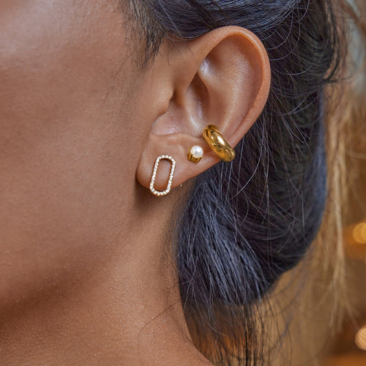 18K Gold Elegant Pearl Stud Earrings Ear Cuffs Set