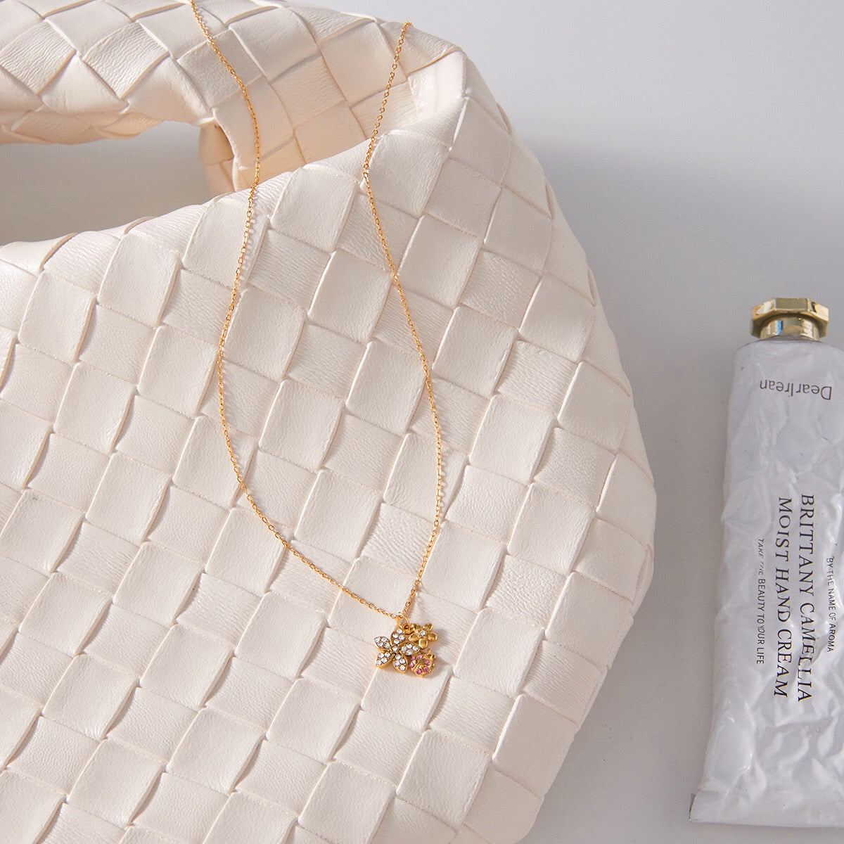 18K Gold Enchanted Garden Pave Dragonfly Ladybug Flower Dainty Pendant Necklace