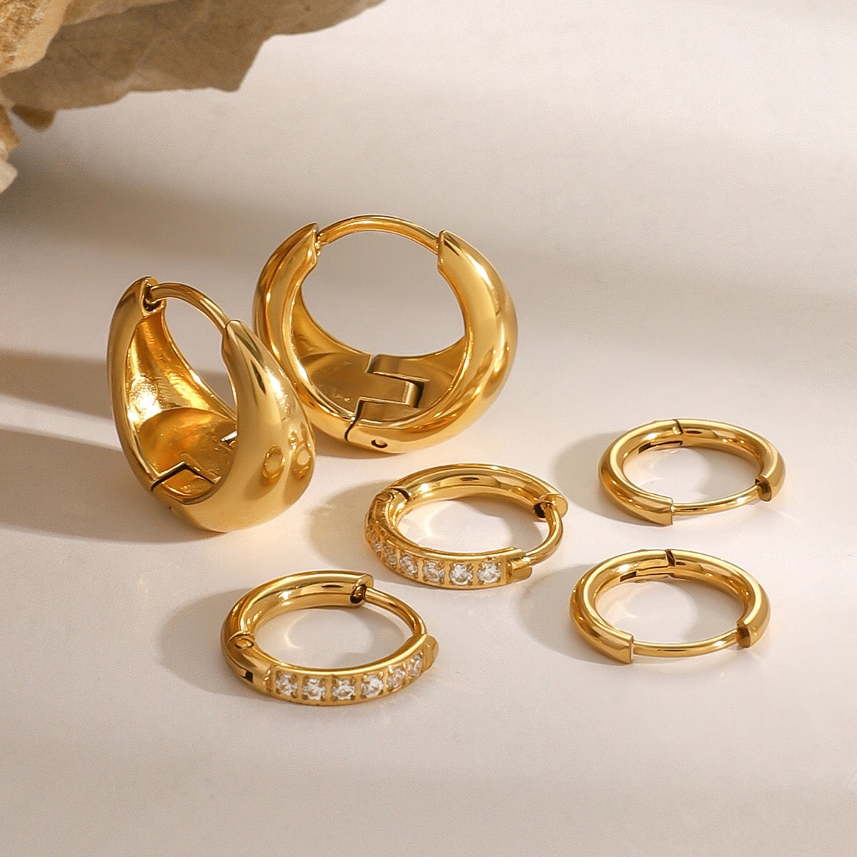 18K Gold Soft statement Small Hoop Huggie Earrings Set