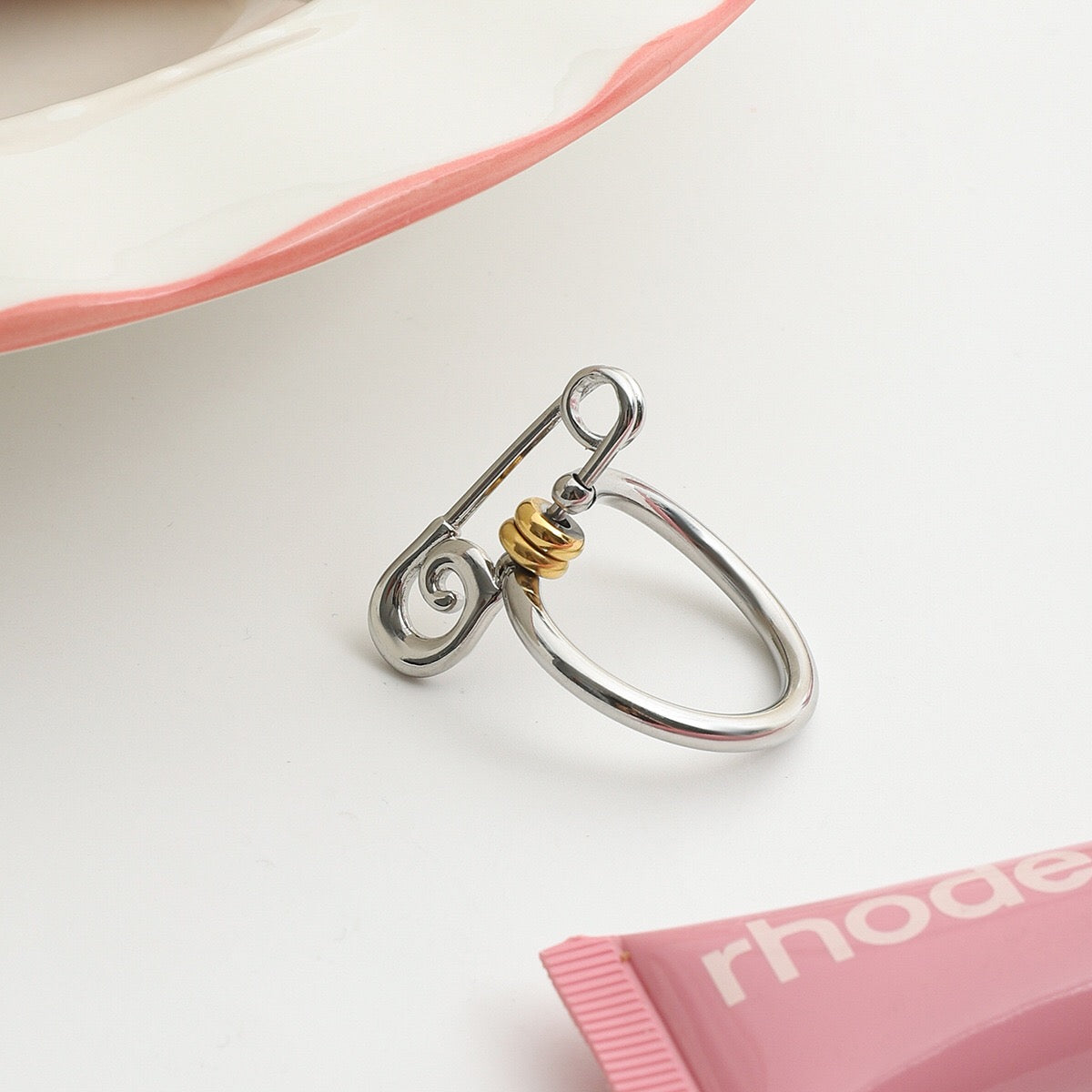 18K Gold and Silver Two Tone Safety Pin Statement Ring