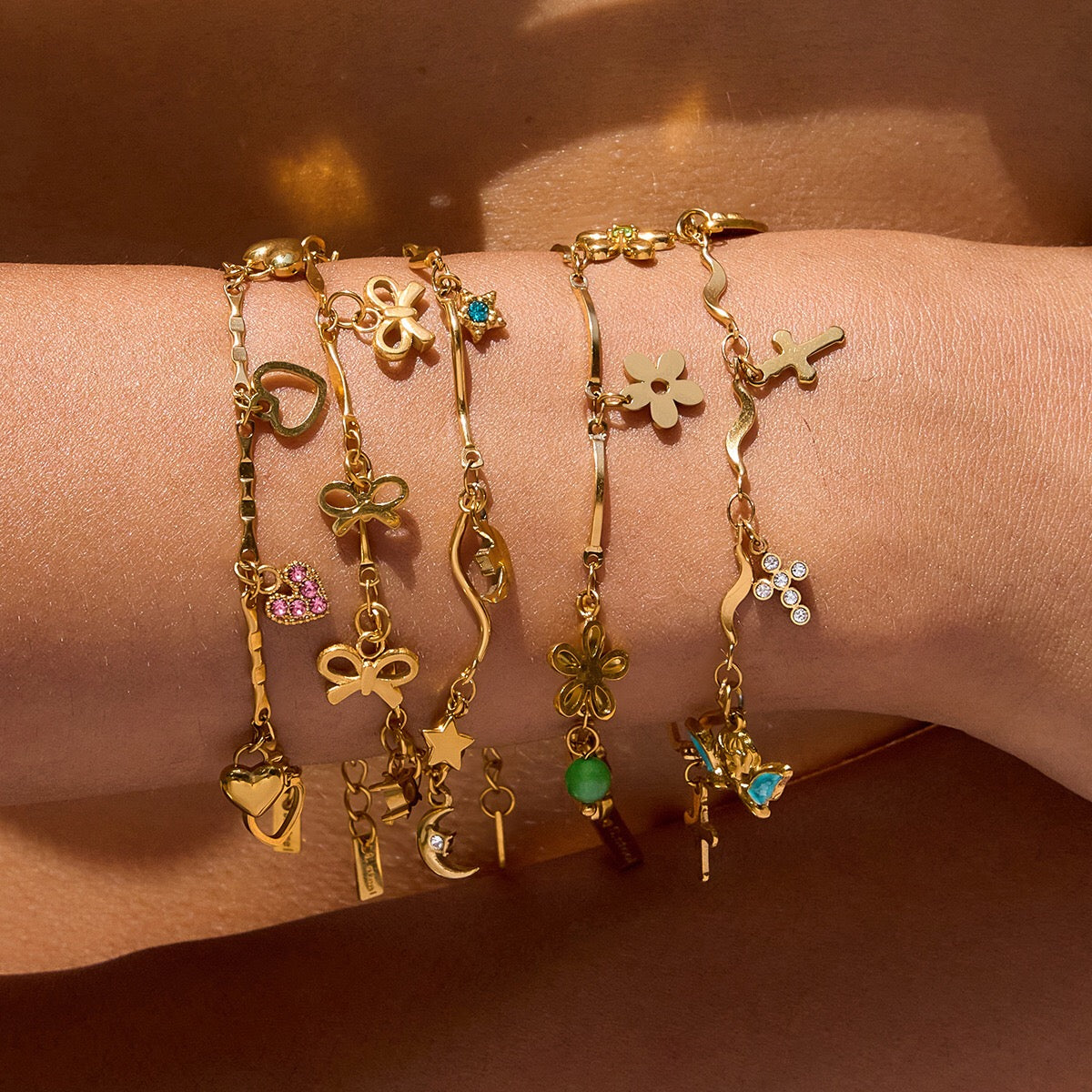 18K Gold Flirt Flower Bow Heart Charm Chain Bracelet Stack