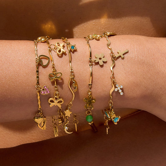 18K Gold Flirt Flower Bow Heart Charm Chain Bracelet Stack