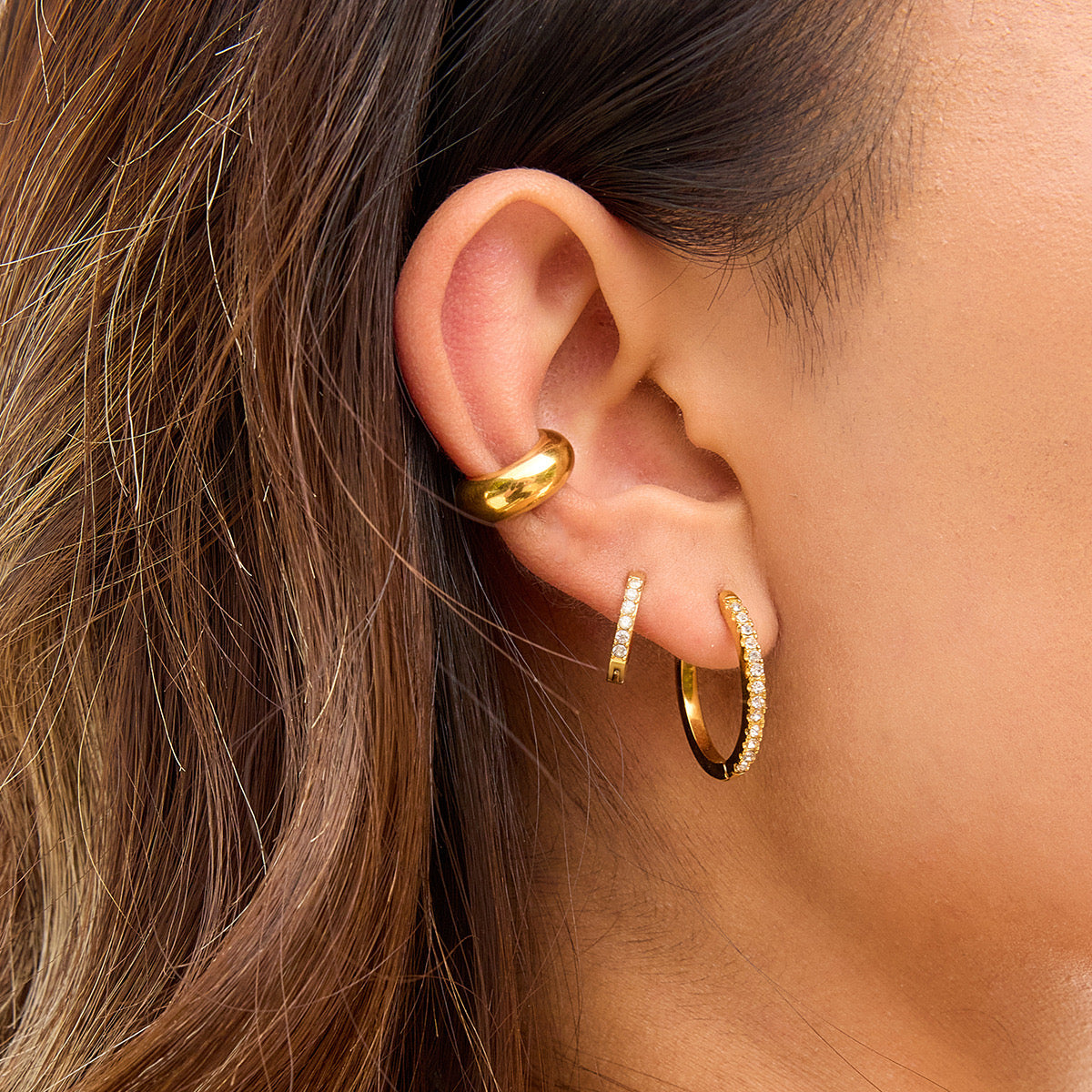18K Gold Minimalist Bling Huggie Earrings Ear Cuffs Set