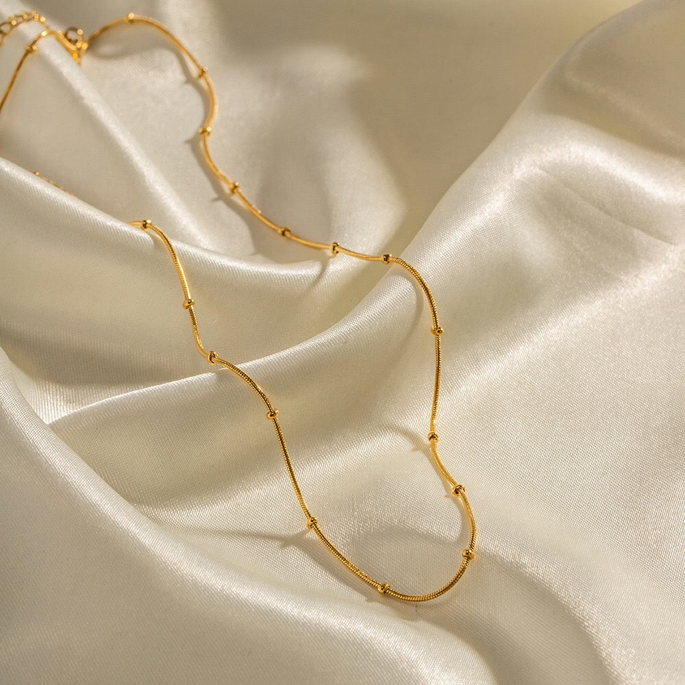 18K Gold Delicate Beaded Chain Choker Necklace