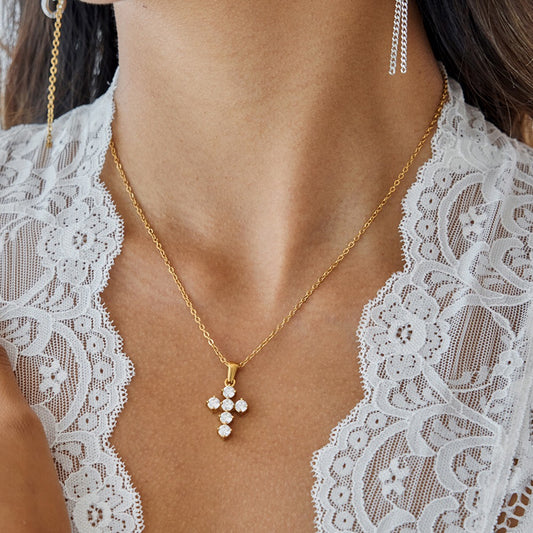 18K Gold Faith Minimalist Bling Cross Pendant Necklace