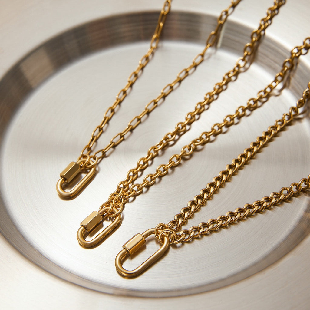 18K Gold Carabiner Paperclip Cuban Link Cable Chain Charm Necklace