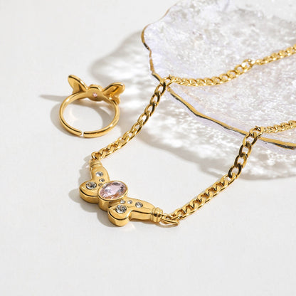 18K Gold Pink Butterfly Curb Chain Necklace