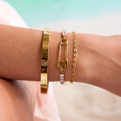 18K Gold Safety Pin Tennis Double Chain Heart Bangle Bracelet Stack