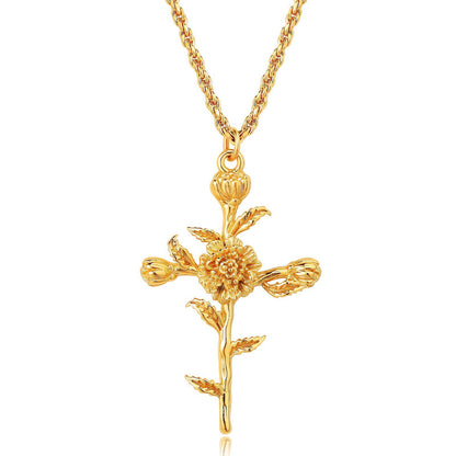 18K Gold Birth Flower Cross Pendant Necklace