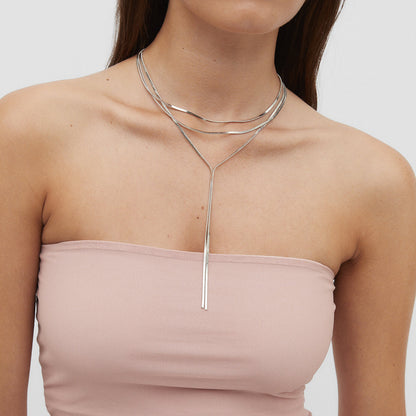 18K Gold Herringbone Chain Layered Lariat Necklace