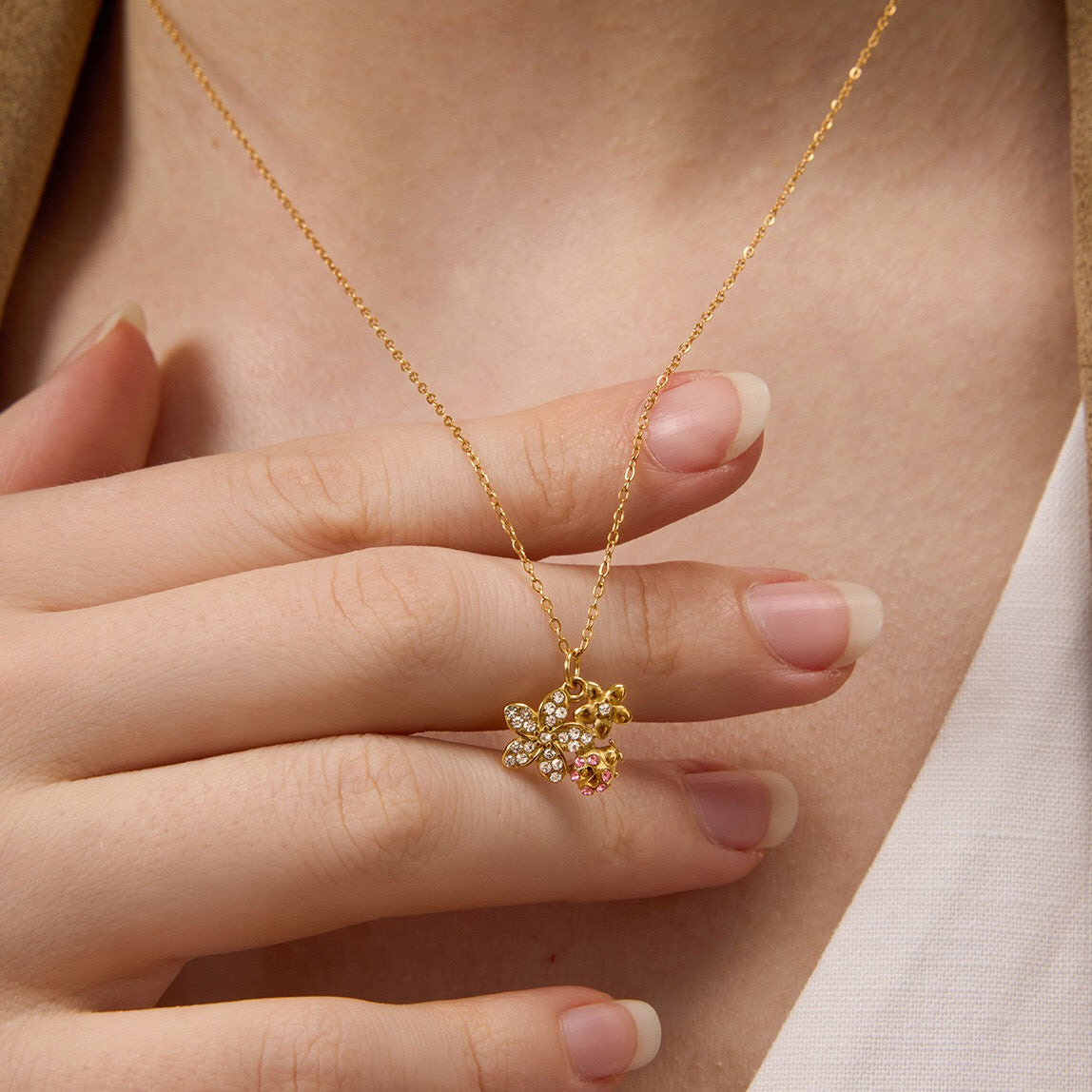 18K Gold Enchanted Garden Pave Dragonfly Ladybug Flower Dainty Pendant Necklace