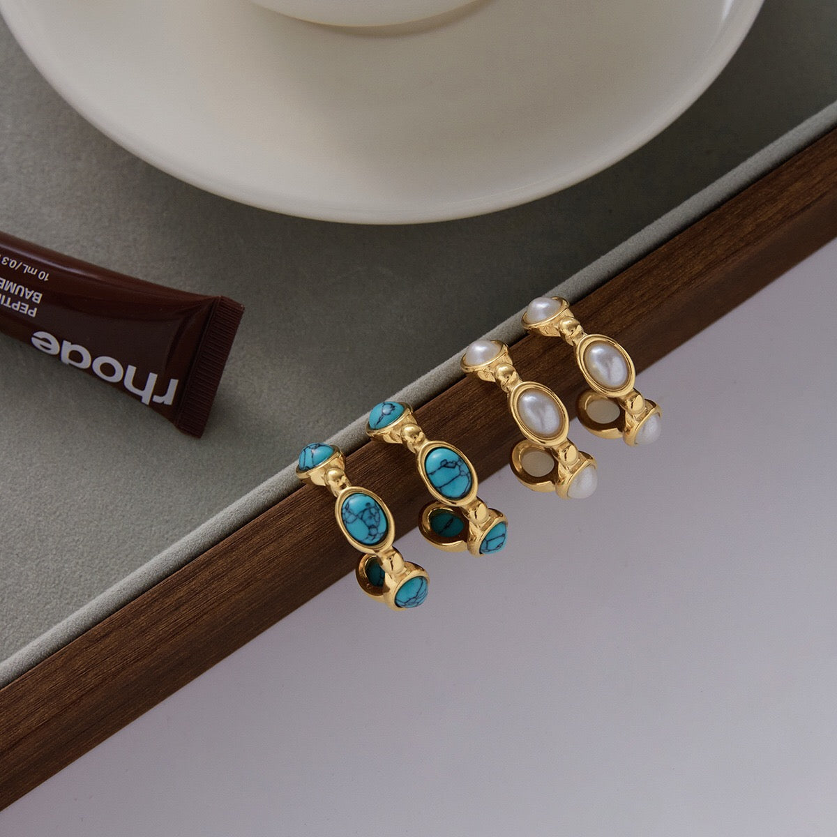 18K Gold Modern Charm Pearl Turquoise Hoop Earrings