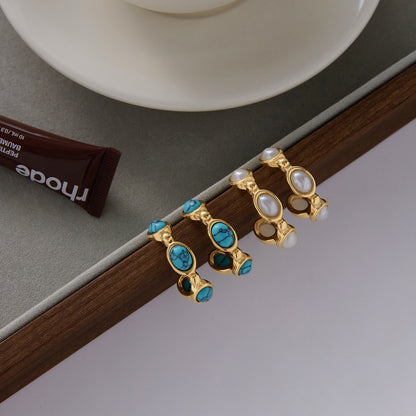 18K Gold Modern Charm Pearl Turquoise Hoop Earrings