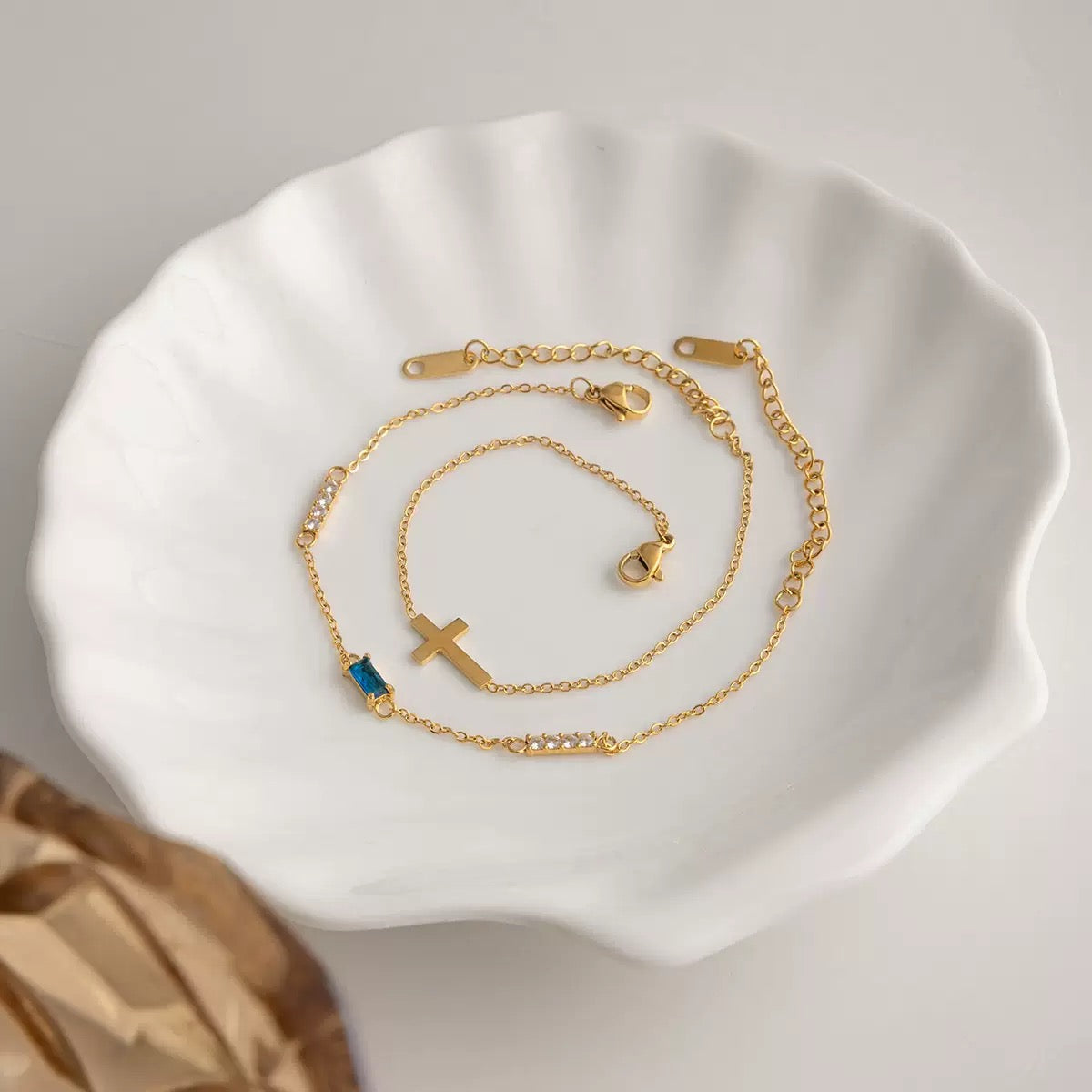 18K Gold Cross Birthstone Bracelets Set