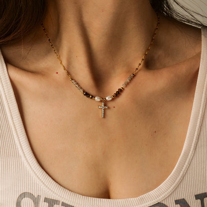 18K Gold Cross Pearl Beaded Pendant Necklace