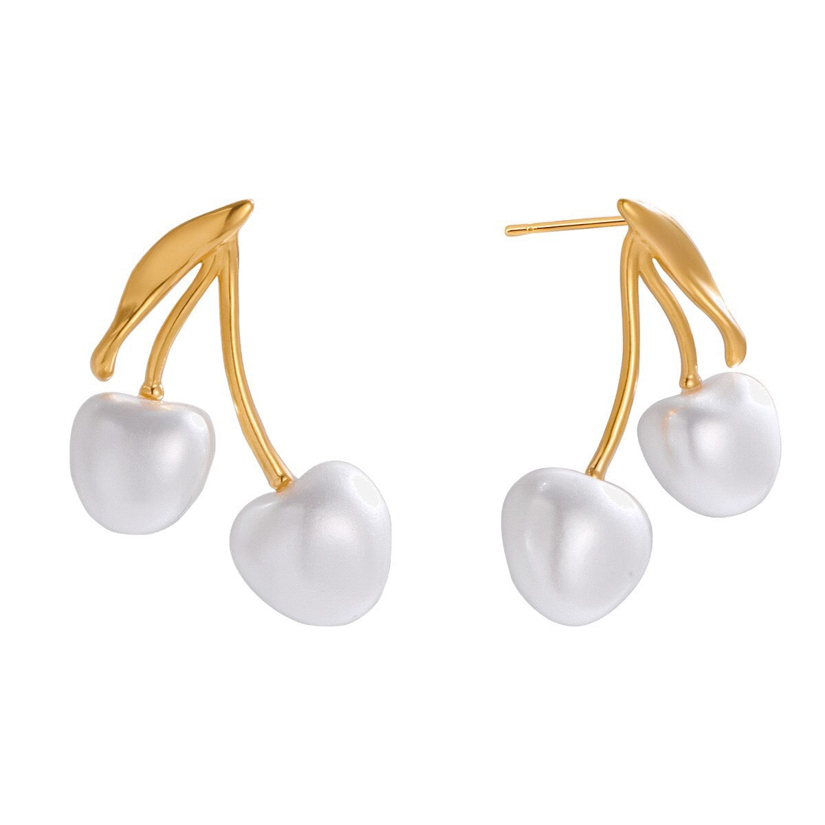 18K Gold Pearl Cherry Statement Dangle Stud Earrings