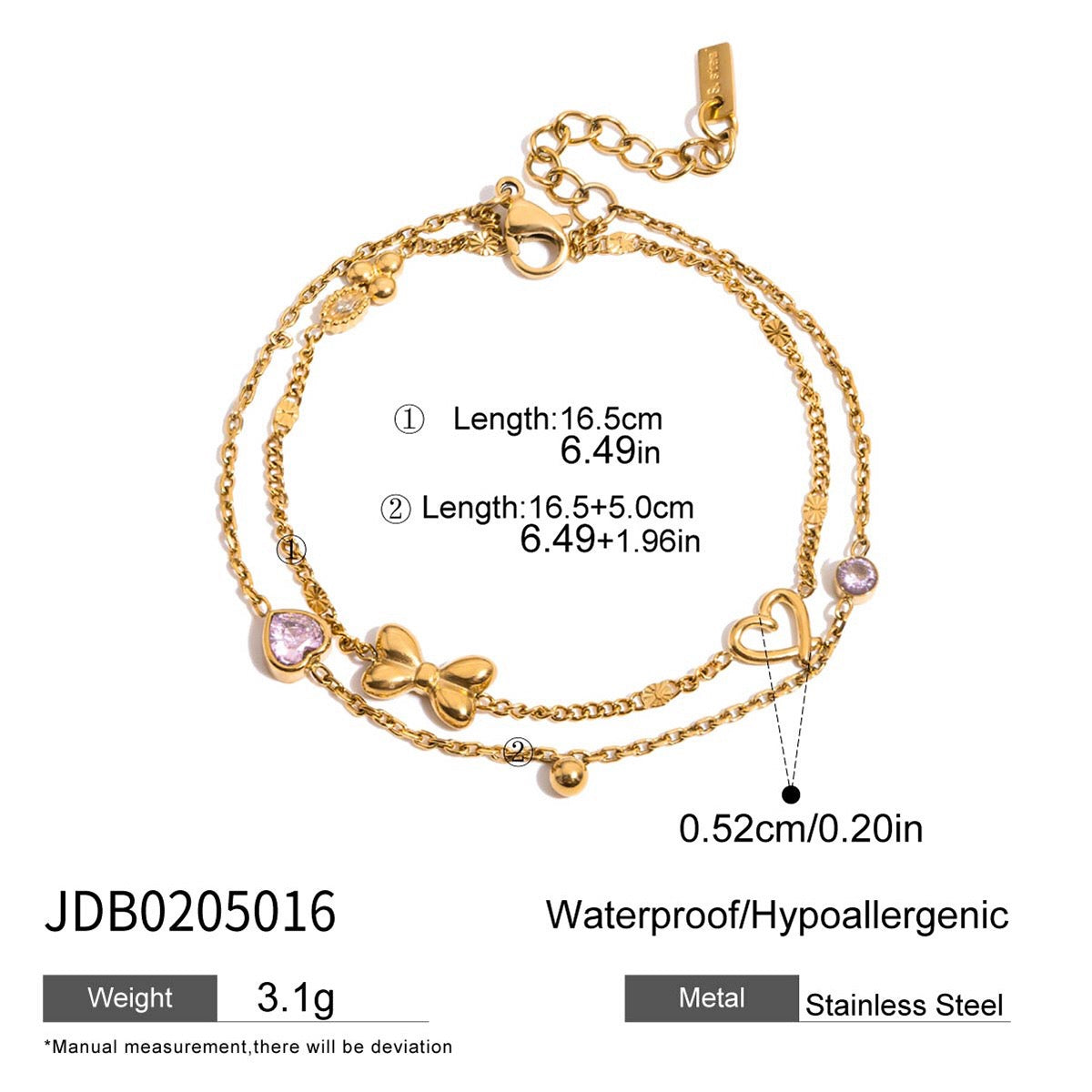 18K Gold Pink Princess Clean Girl Star Bow Heart Dainty Chain Bracelet Stack