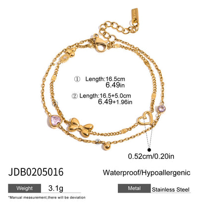 18K Gold Pink Princess Clean Girl Star Bow Heart Dainty Chain Bracelet Stack