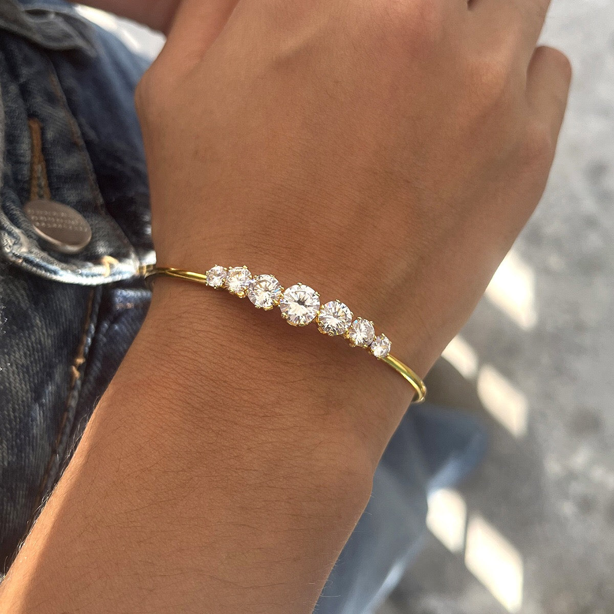 18K Gold Diamond Fever Paperclip Chain Cuff Bangle Tennis Bracelet Stack