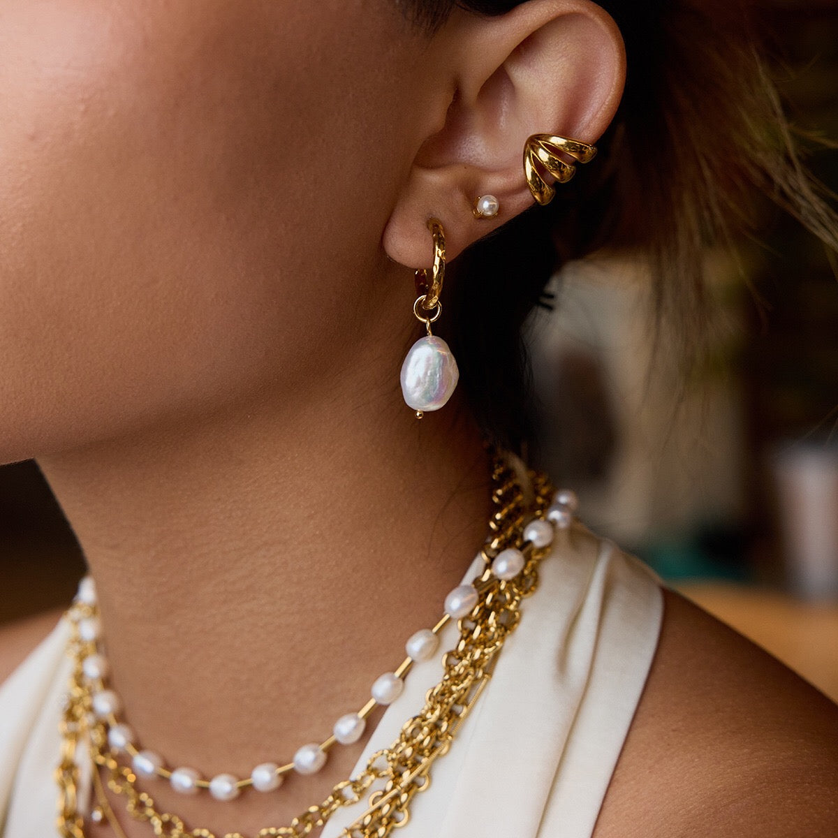 18K Gold Moonlit Elegant Pearl Huggie Earrings Ear Cuffs Studs Set