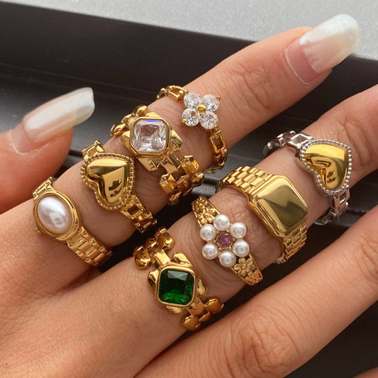 18K Gold Watch Band Flower Heart Statement CZ Stacking Ring
