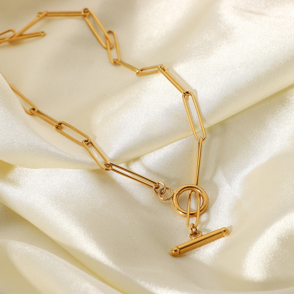 18K Gold Trendy Paperclip Toggle Chain Choker Necklace