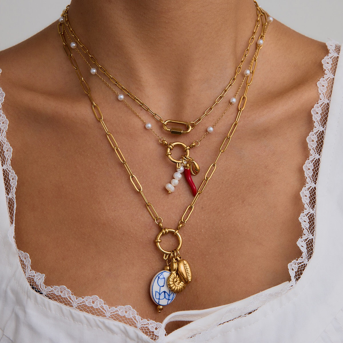 18K Gold Carabiner Paperclip Cuban Link Cable Chain Charm Necklace