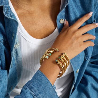 18K Gold Natural Stone Twisted Ribbed Cuff Bangle Bracelet