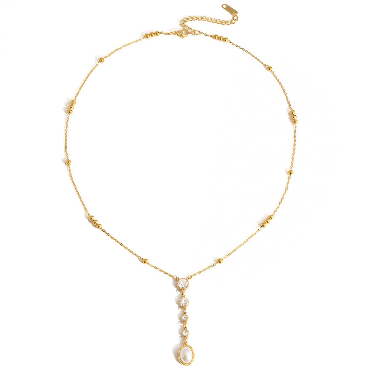 18K Gold Sweet Lumi Pearl Y Shape Lariat Dainty CZ Necklace