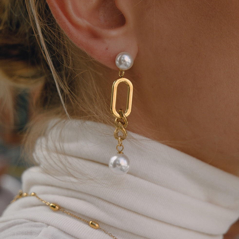 18K Gold Champagne Problems Pearl Chain Drop Dangle Earrings