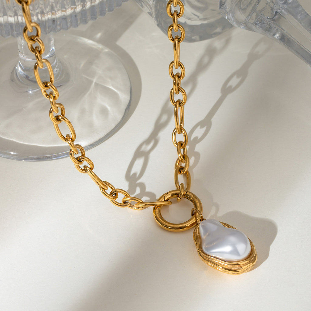 18K Gold Baroque Pearl Paperclip Chain Statement Pendant Necklace