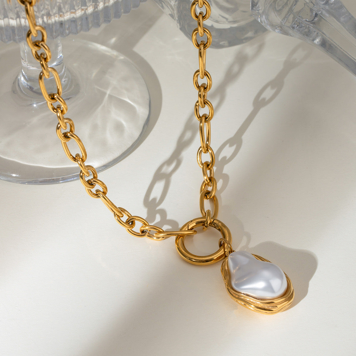 18K Gold Baroque Pearl Paperclip Chain Statement Pendant Necklace