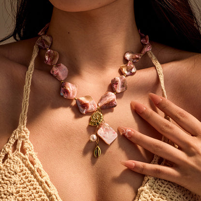 18K Gold Pink Seashell Chunky Statement Summer Necklace