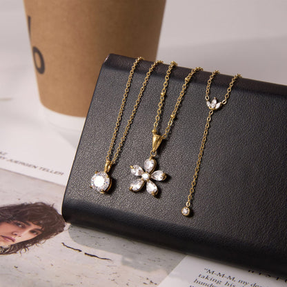 18K Gold Crystal Kiss Flower Pendant Lariat Layered Necklace Set