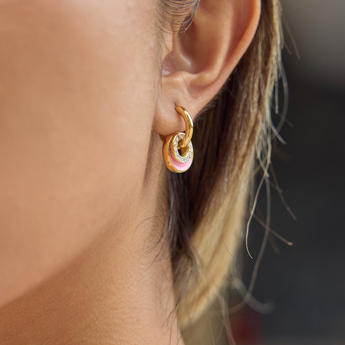 18K Gold Blush Pop Pink Disc Small Hoop Dangle Huggie Earrings