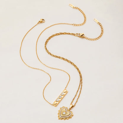 18K Gold Heart Signal Pendant Layered Necklace Set